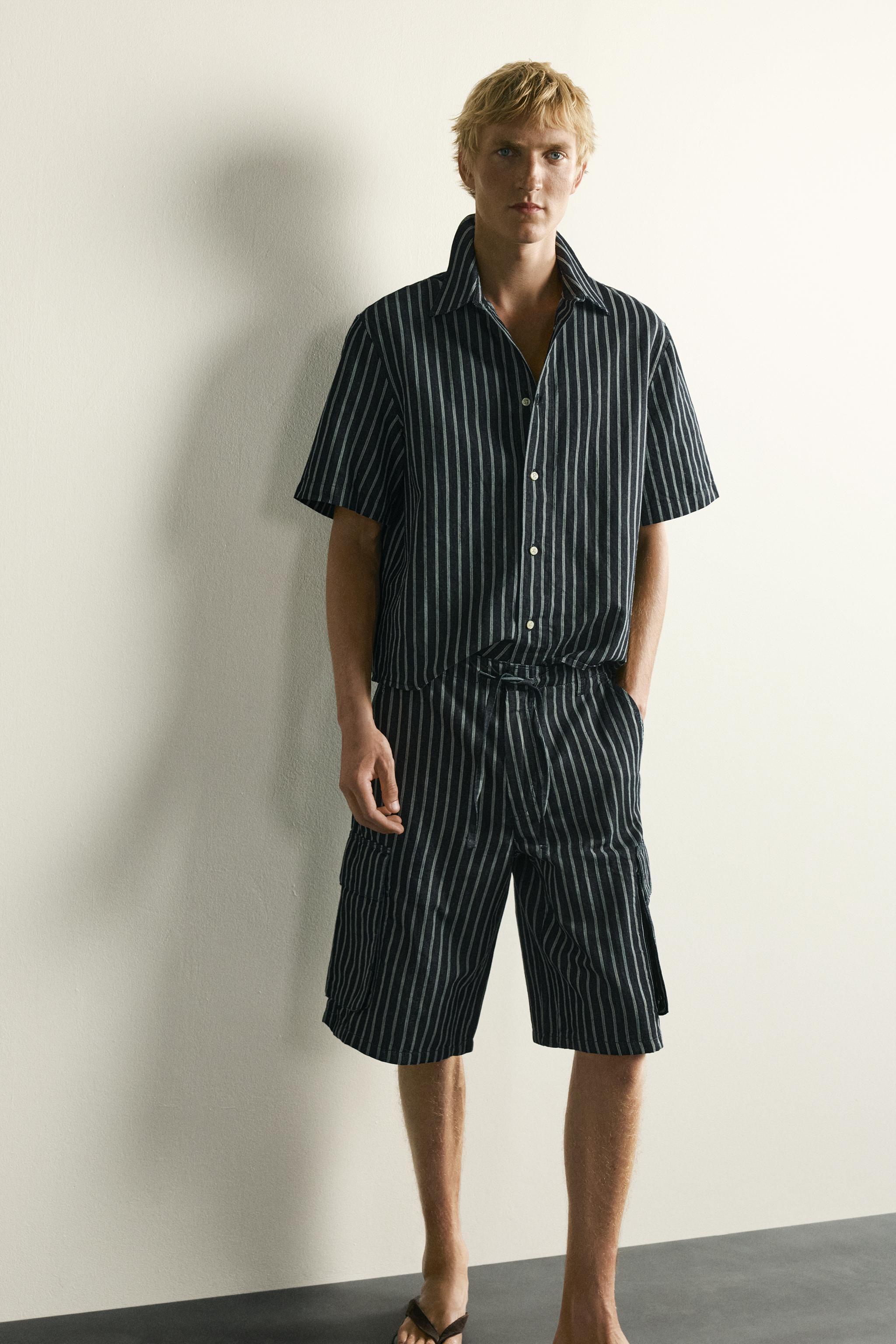 STRIPED COTTON-LINEN DENIM CARGO SHORTS