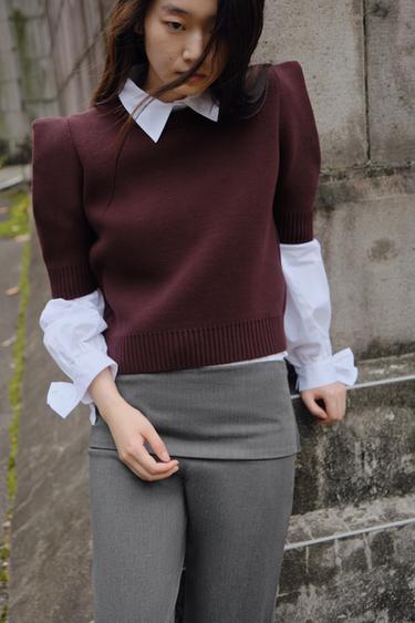 쇼트 슬리브 니트 스웨터 어깨 패드 디테일 - Zara 석류