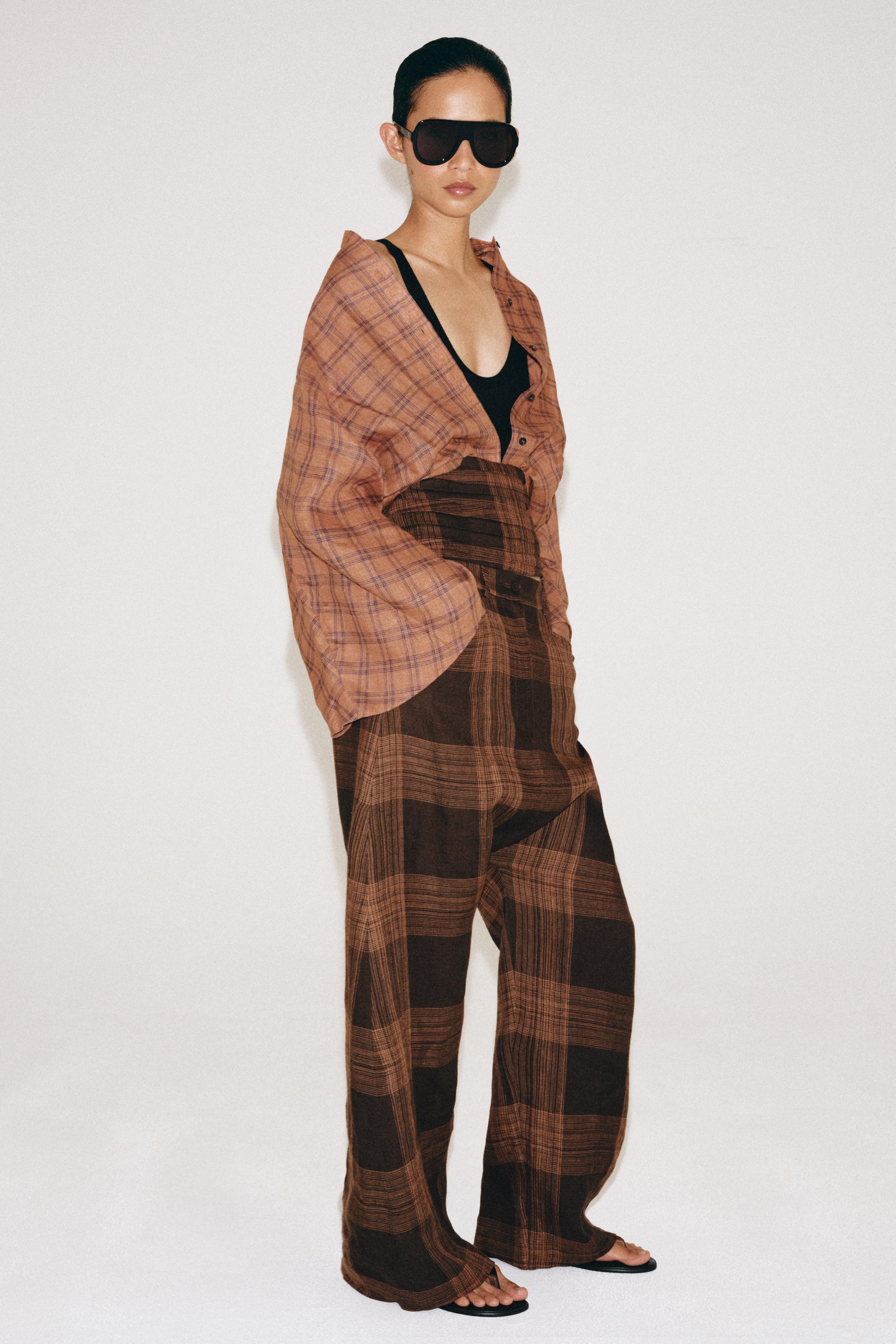 ZW COLLECTION CHECKED LINEN TROUSERS — Brown