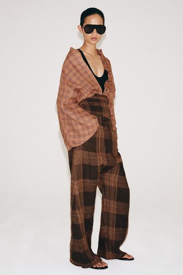 PANTALÓN LINO CUADROS ZW COLLECTION - Marrón de Zara