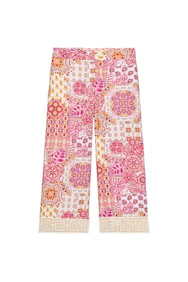 PRINTED TROUSERS WITH GUIPURE TRIM