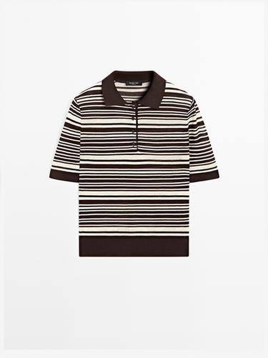 Zara 100% cotton striped knit polo shirt - Brown