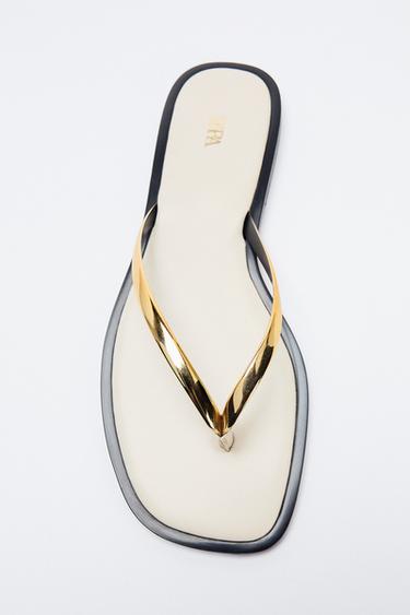 FLAT SANDALS WITH METAL DETAIL - Ecru White by Zara