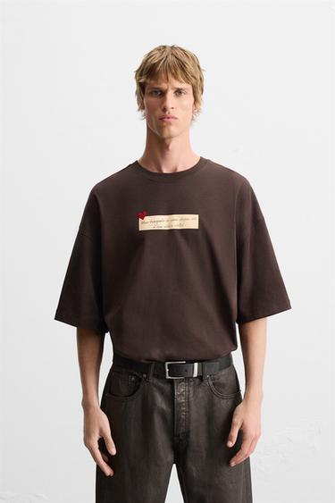 HEART PRINT TEXT T-SHIRT - Brown by Zara