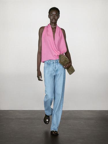 Zara Linen crossover halter top - Fuchsia
