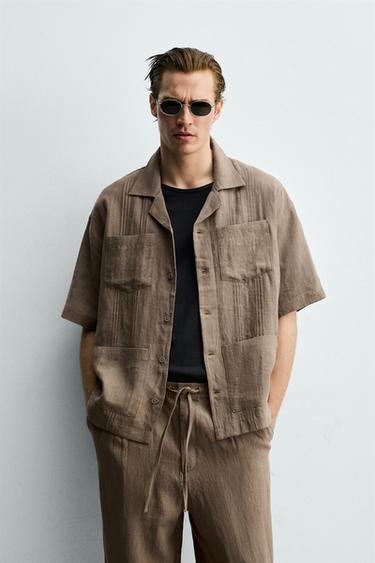 Zaras SKJORTA 100% LINNE MED VECKADE FICKOR - Brun/prick