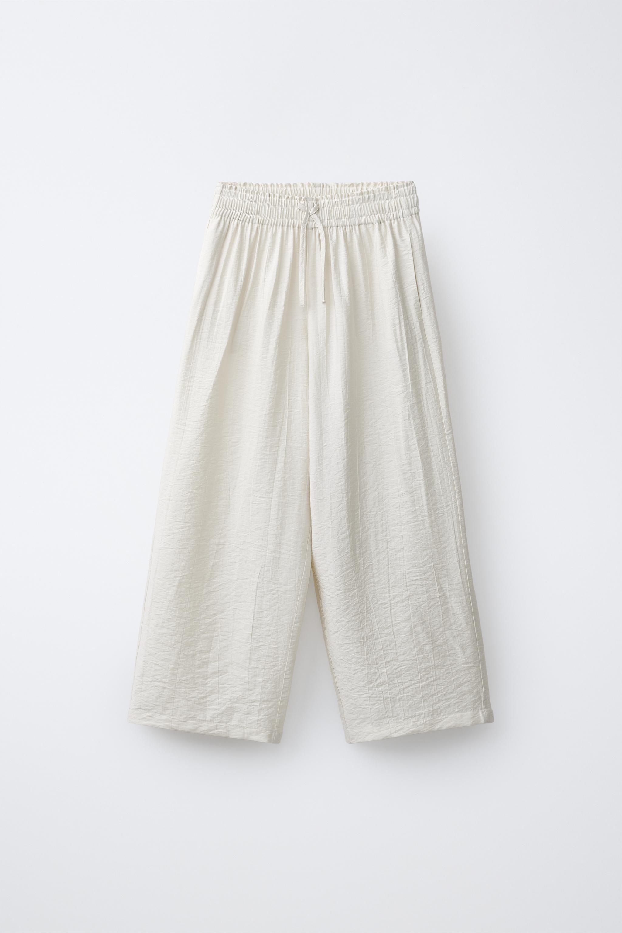 WRINKLE LOOK WIDE LEG PANTS — Light beige