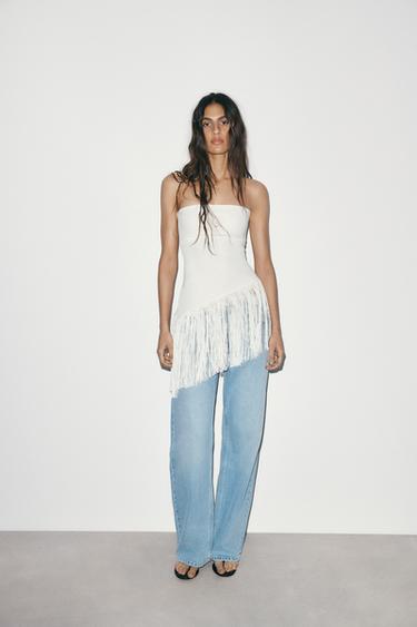 Zara ASYMMETRIC FRINGED BANDEAU TOP - White