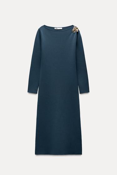 Zara BASIC KNIT MIDI DRESS - Duck blue