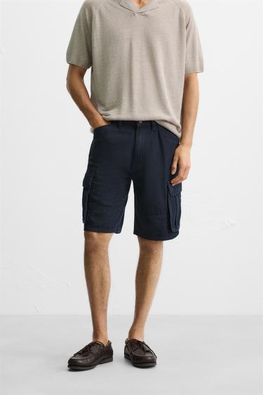 Zara COTTON - LYOCELL CARGO SHORTS - Dark navy
