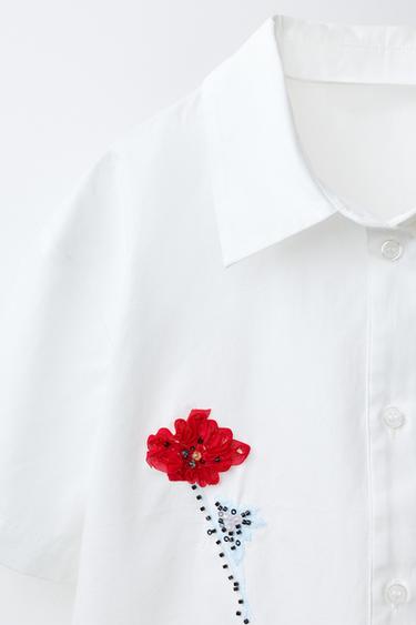 3D BEADED FLORAL SHIRT - White / Red by Zara - Image 2