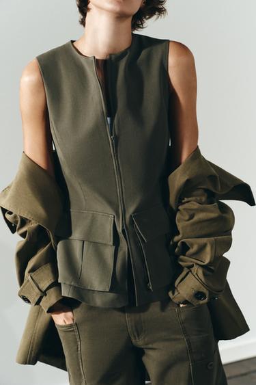 TOP EN COTON ÉLASTIQUE À POCHES - Kaki foncé de Zara