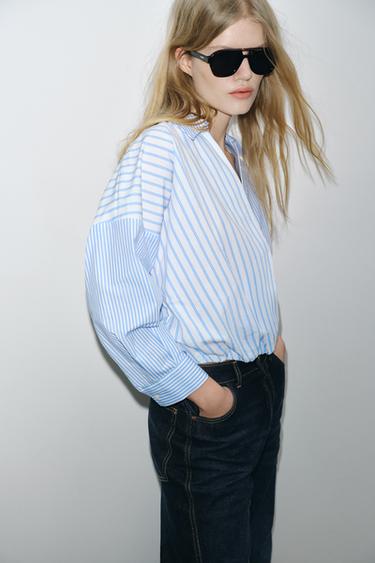 Zara STRIPED PATCHWORK POPLIN SHIRT - Blue / White