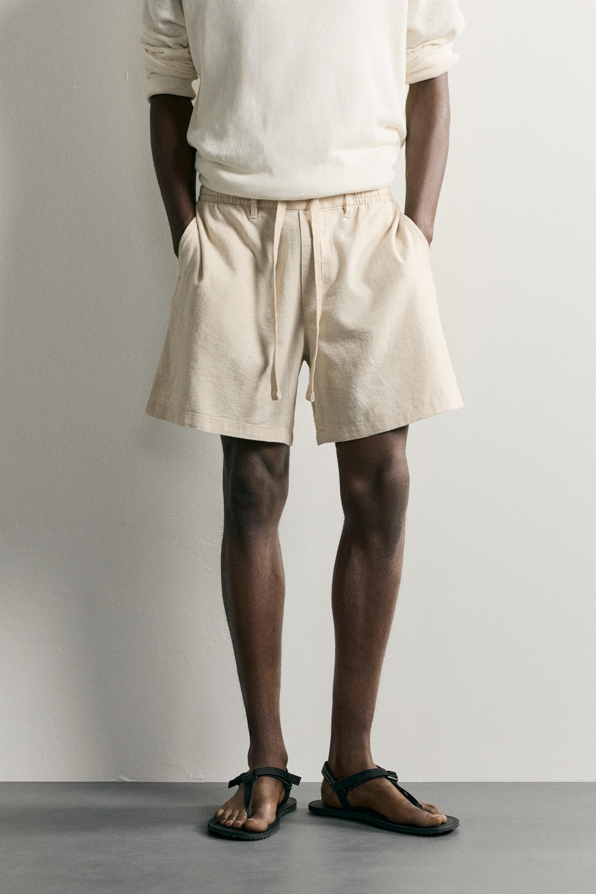 COTTON-LINEN RELAXED FIT SHORTS — Light beige