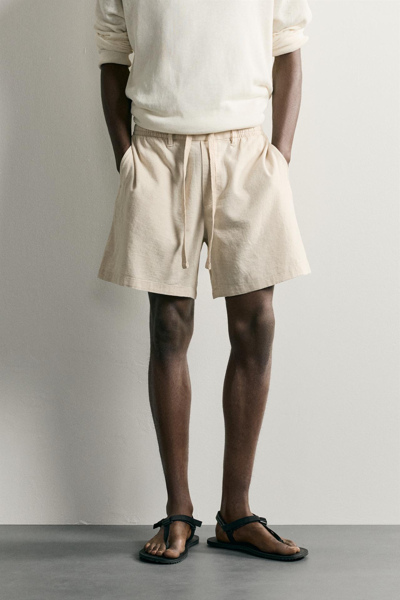 COTTON-LINEN RELAXED FIT SHORTS — Light beige