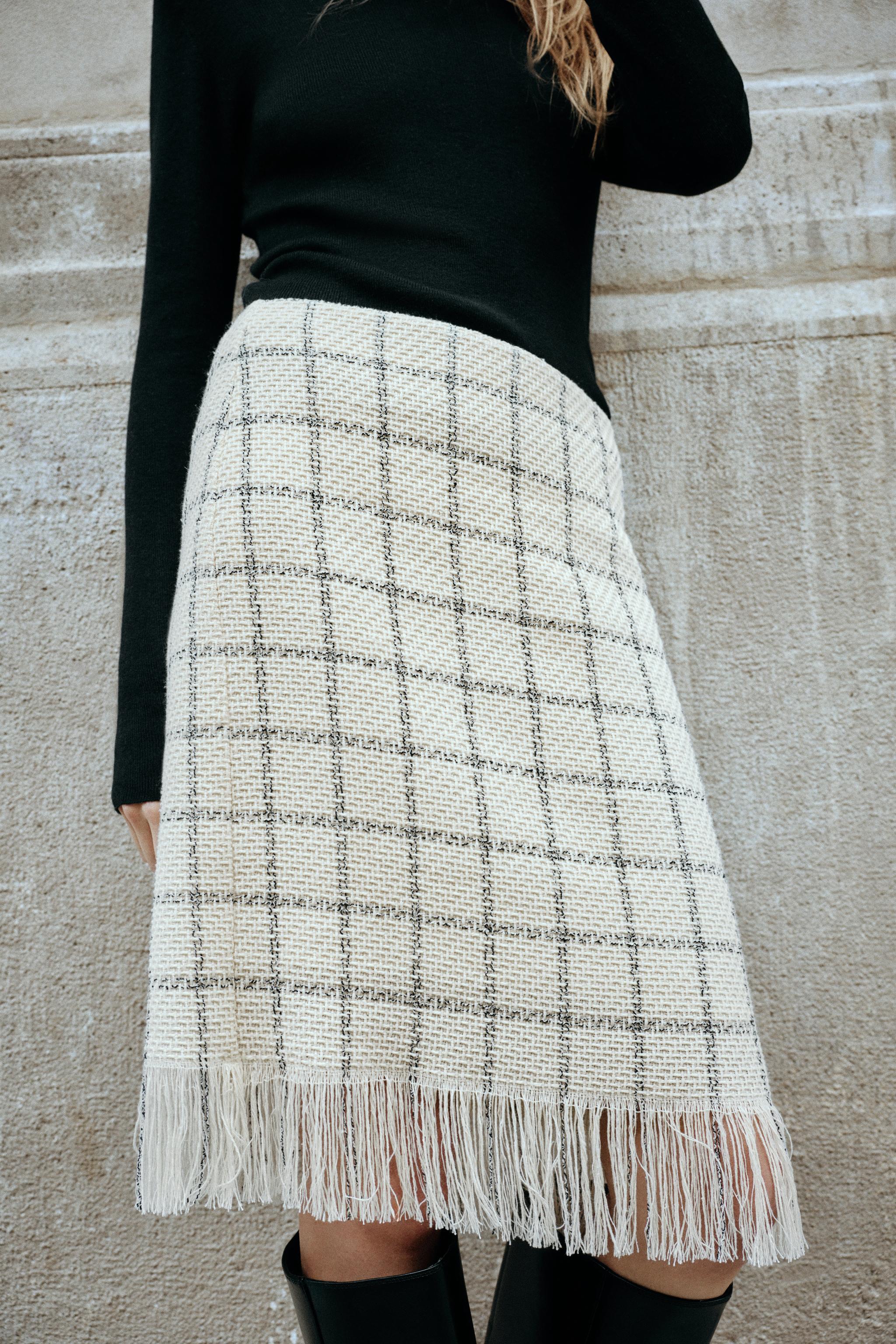 PLAID FRINGED MIDI SKIRT