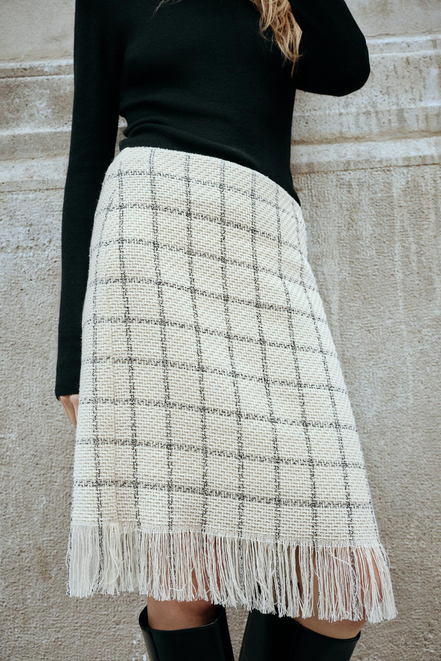 Женская юбка Zara Plaid Fringed MIDI, цвет: Экрю / Чёрный — фото 5