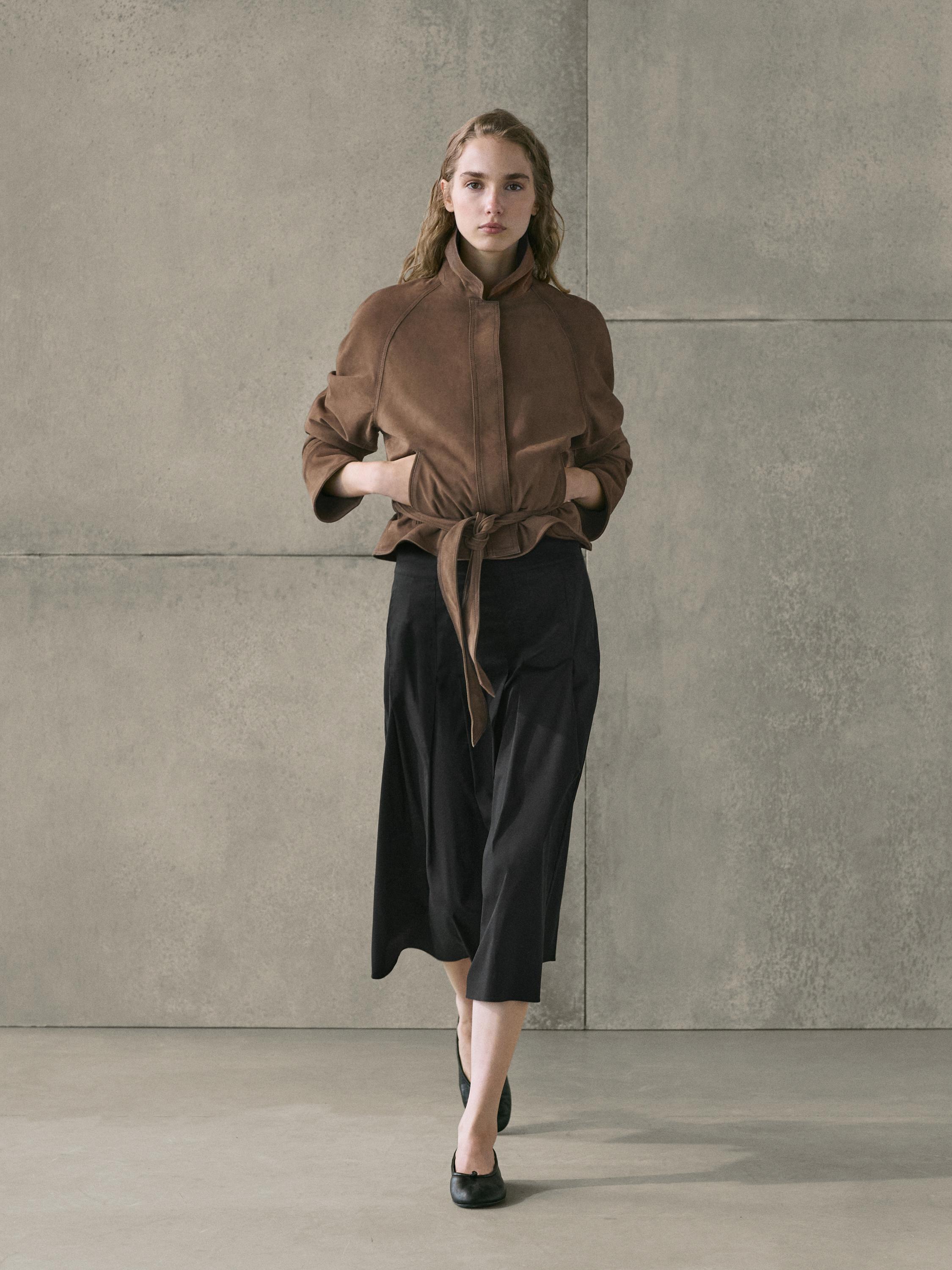 Cotton blend box pleat midi skirt