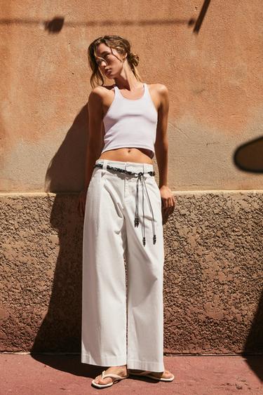 PANTALÓN POPELÍN CINTURÓN PAÑUELO - Blanco de Zara