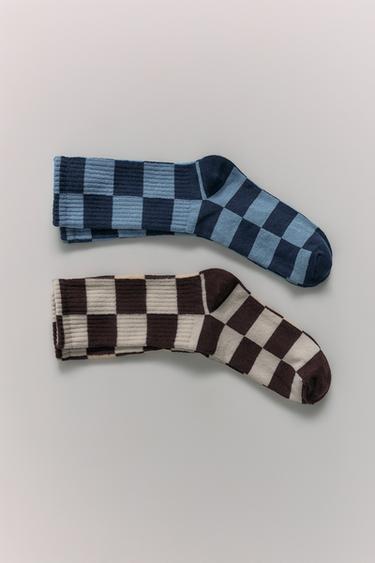 2-PACK OF CHECKERBOARD SOCKS - Brown-Blue by Zara