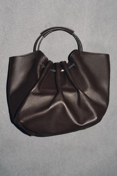 Zara LEATHER BUCKET BAG WITH RIGID HANDLE - Brown