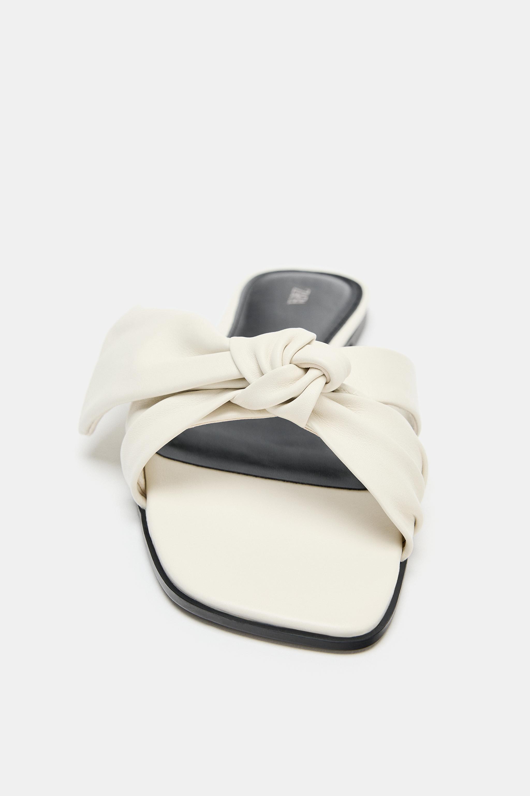 Женские сандалии Zara LEATHER BOW FLAT SANDALS — фото 5