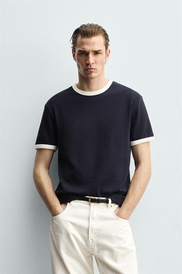 BASIC CONTRAST RIB T-SHIRT - Navy blue by Zara