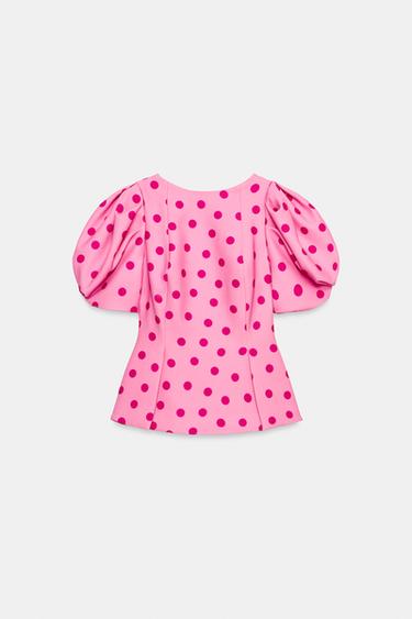 ドット柄パフスリーブトップスピンクZaraのドット柄パフスリーブトップス - ピンク 