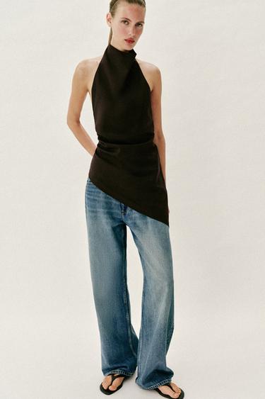 LINEN BLEND HALTER TOP - Dark brown by Zara