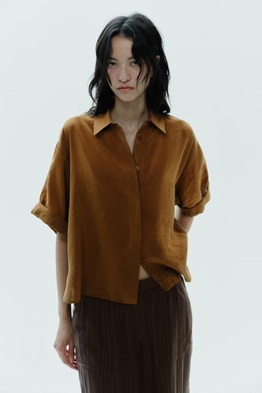 SHORT SLEEVE FLOWING SHIRT - Caramel by Zara - Image 1