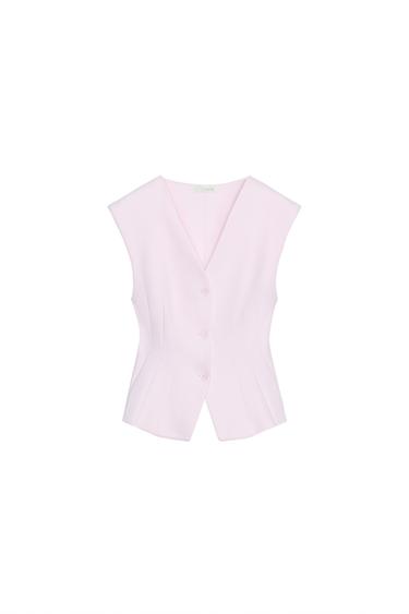 Front view of a light pink waistcoat with a V-neck, centre button fastening, and tailored seams in a structured design.