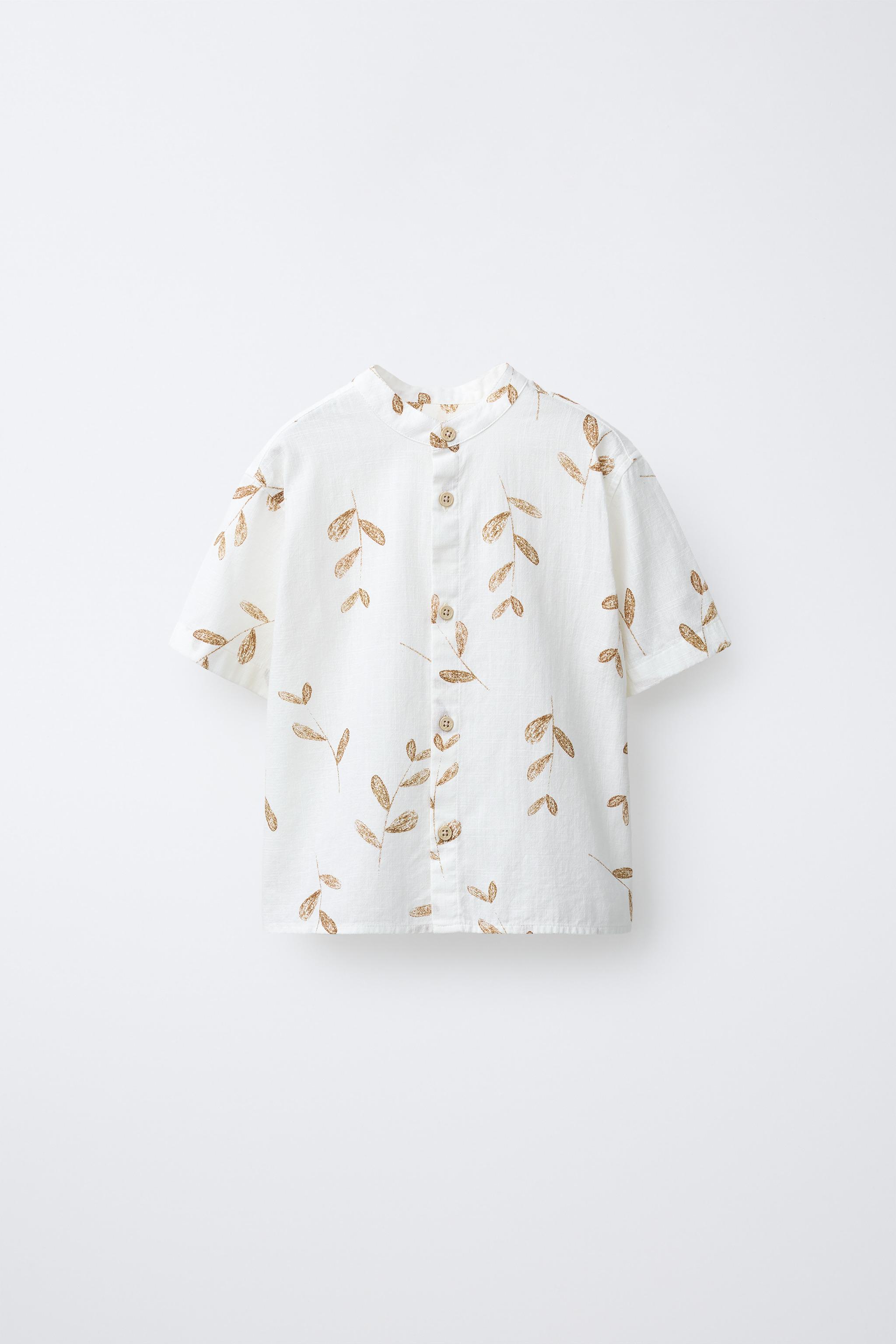 LEAF PRINT MANDARIN COLLAR SHIRT