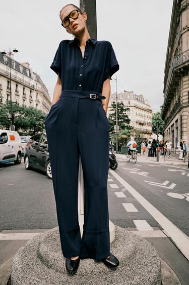 Zara LONG CREPE JUMPSUIT - Navy blue
