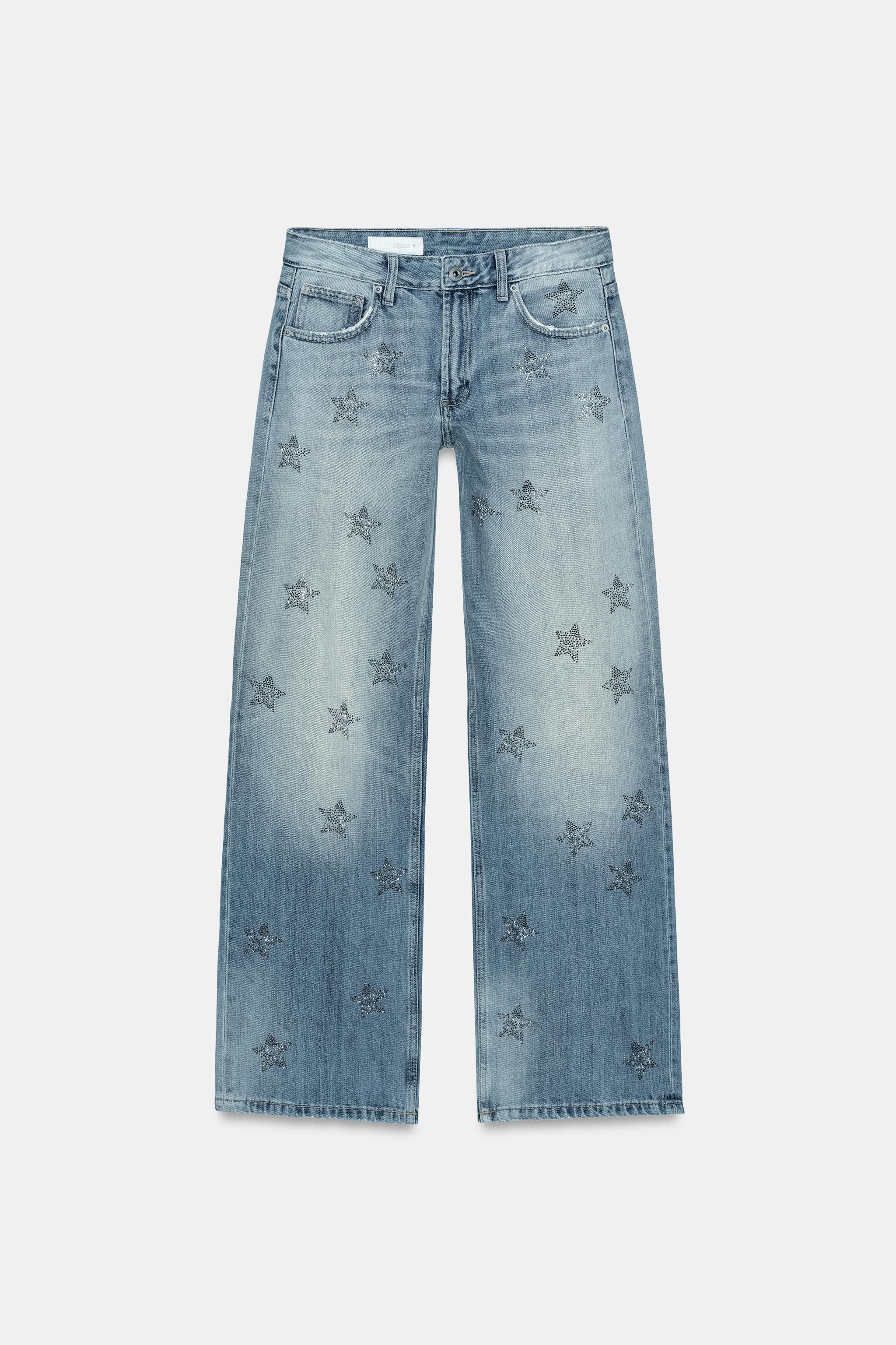 TRF ローライズワイドレッグラインストーンデニムパンツ - ブルー