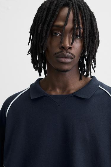 SWEAT POLO EN PIQUÉ CONTRASTÉ - Bleu / Gris de Zara - Image 4