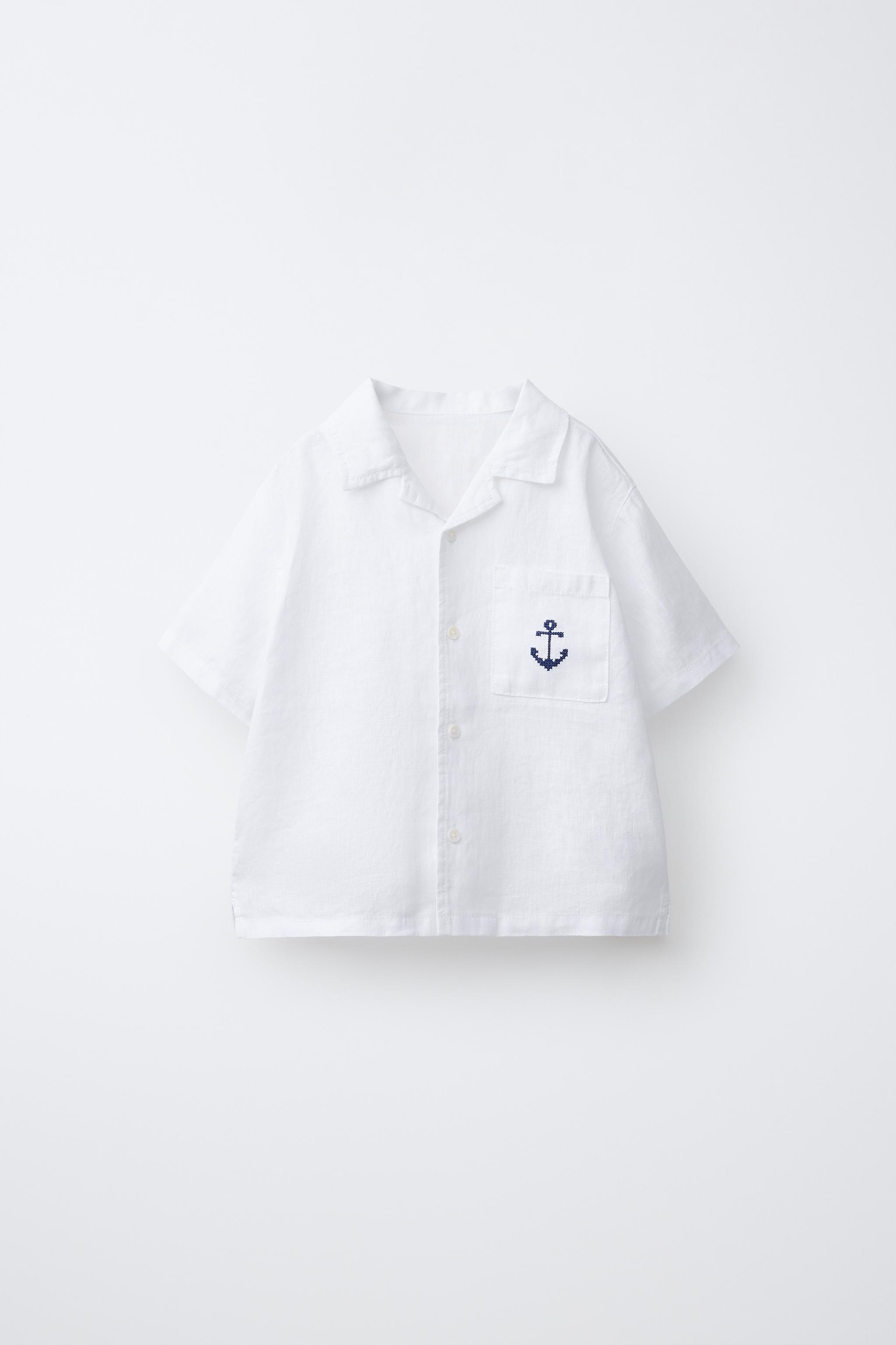 ANCHOR EMBROIDERED LINEN SPREAD COLLAR SHIRT — White