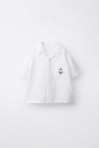 CAMISA BOWLING BORDADO ANCLA 100% LINO - Blanco de Zara