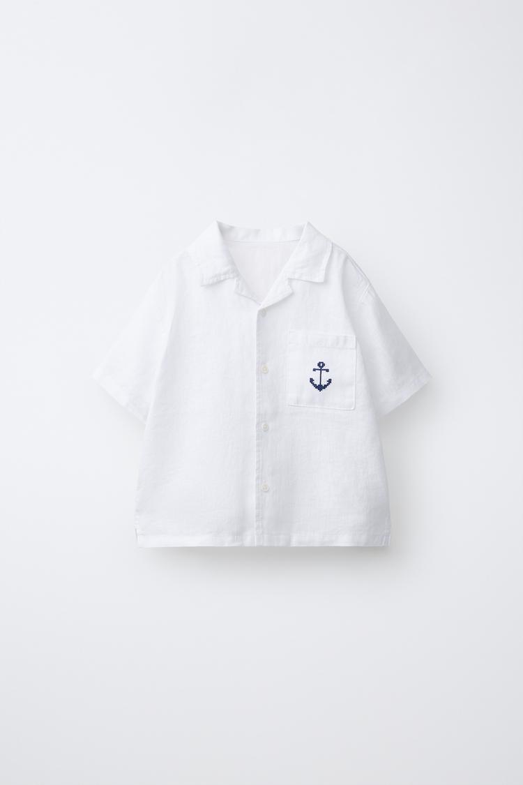 ANCHOR EMBROIDERED LINEN SPREAD COLLAR SHIRT — White