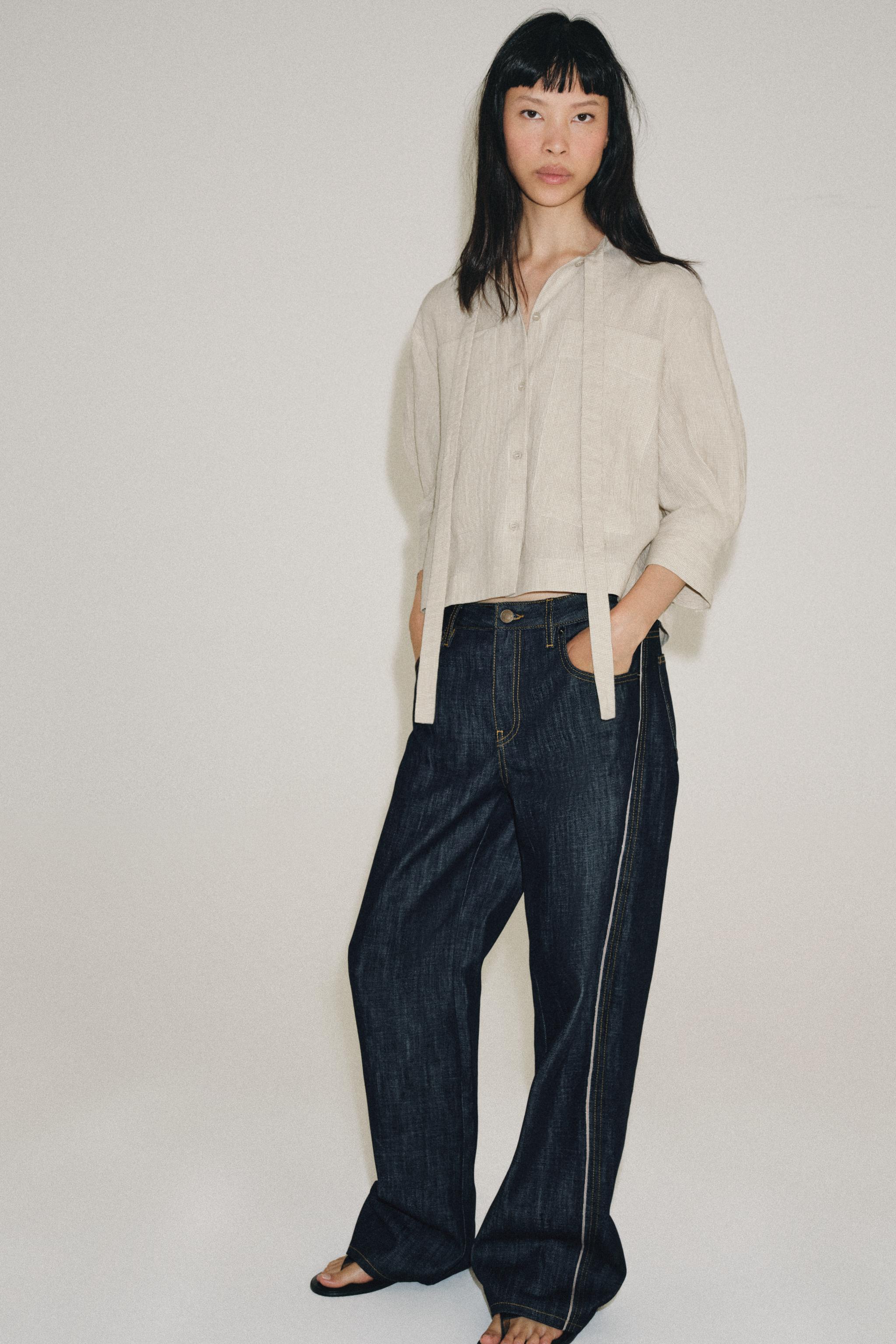 Женские рубашки Zara ZW COLLECTION LINEN-BLEND TIE SHIRT — фото 3