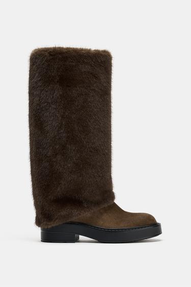 FLAT FAUX FUR BOOTS - Taupe Grey by Zara