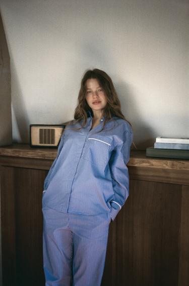 Zara Mavi/Beyaz - KONTRAST ÇİZGİLİ PİJAMA GÖMLEĞİ