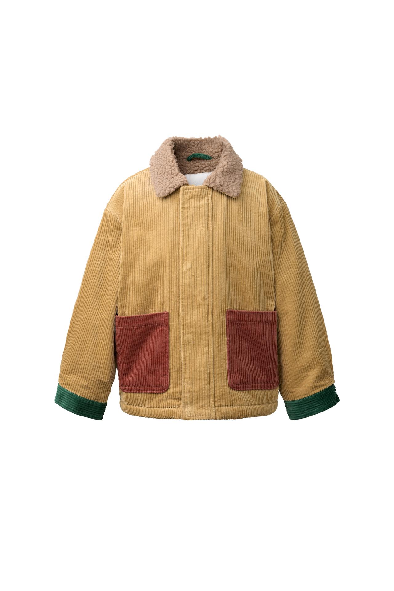 COLORBLOCK CORDUROY JACKET WITH FAUX SHEARLING