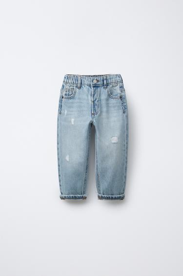 Zara RIPPED BAGGY JEANS - Light blue