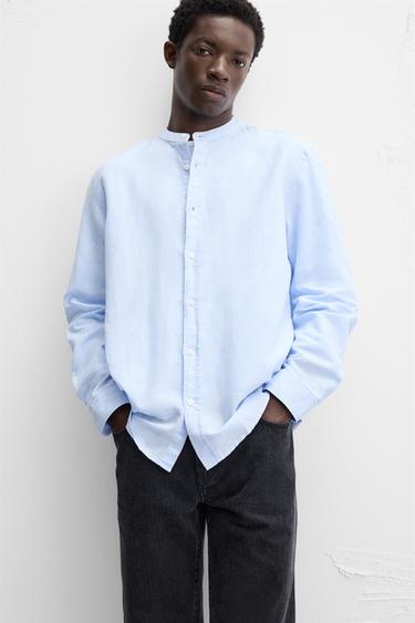 CHEMISE EN LIN ET COTON - Bleu ciel de Zara - Image 4