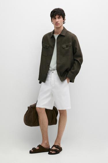 Zara Total look linen overshirt with pockets - Dark green - Image 0