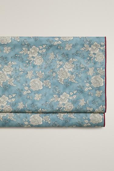 SATEEN FLORAL PRINT FLAT SHEET WITH PIPING - Grey / Blue by Zara