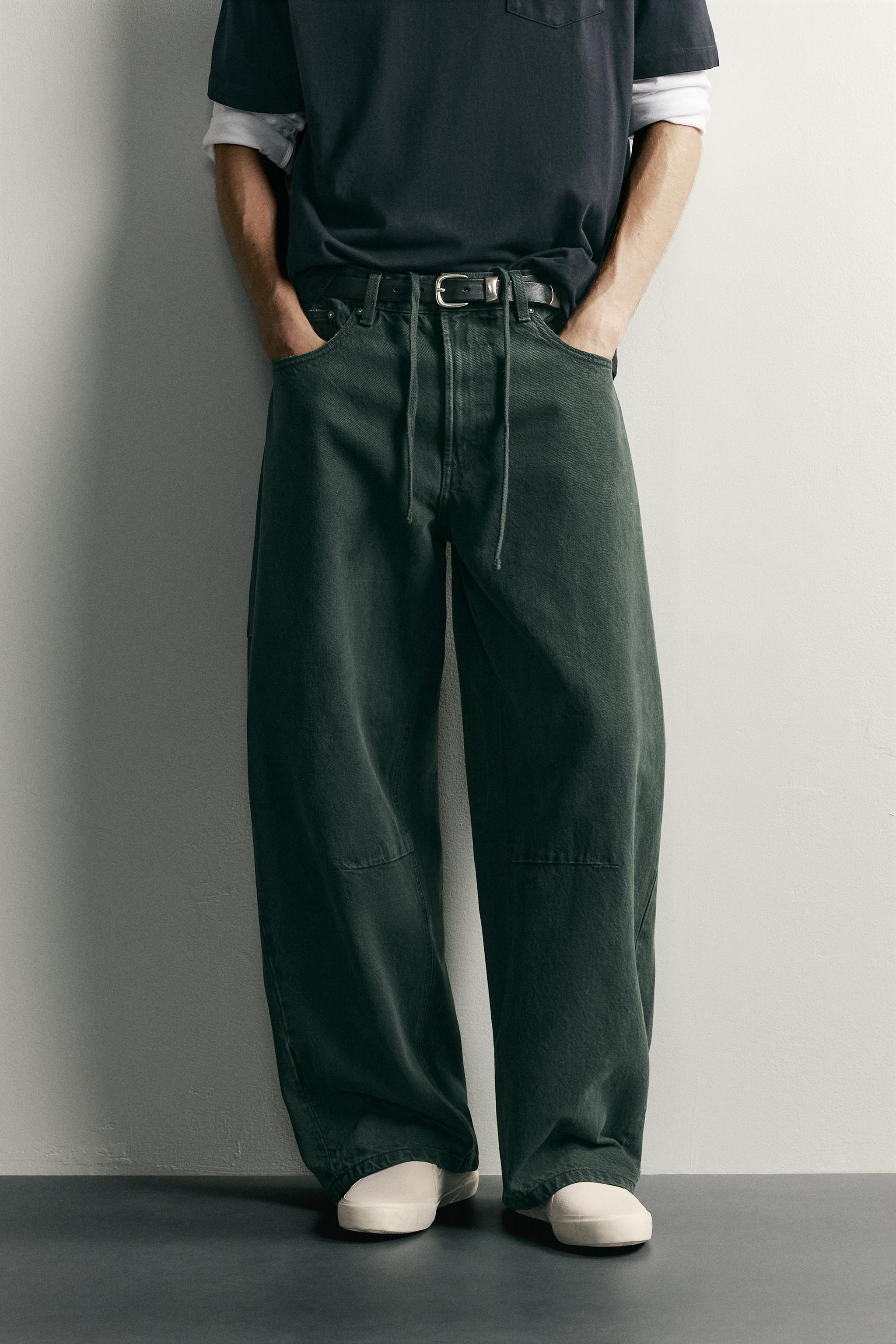 DRAWSTRING BARREL FIT PANTS — Bottle green