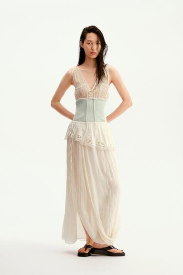 Zara ZW COLLECTION 刺繡腰帶中長裙 - 裸色