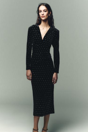 VESTIDO MIDI DE VELUDO COM BRILHOS - Preto da Zara