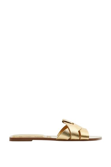 METALLIC LEATHER CROSS-STRAP SANDALS - Gold by Zara